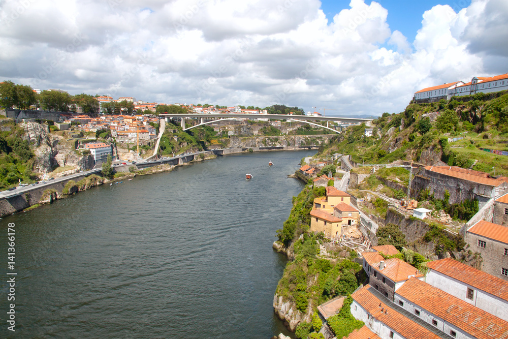 Top view of Douro river in Porto, Portugal.