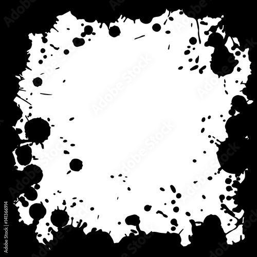 ink blot grunge square frame, black drops on white background.