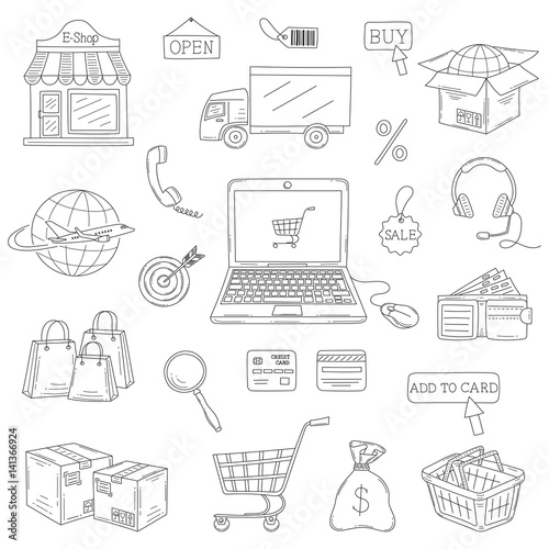 Vector set of hand drawn e-commerce icons set