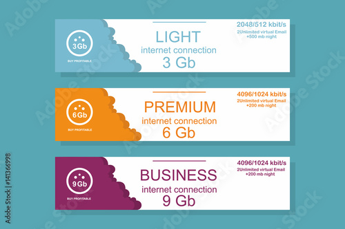 Internet traffic.Set offer tariffs. ui ux vector banner for web app. set pricing table, order, box, button, list with plan for website in flat design