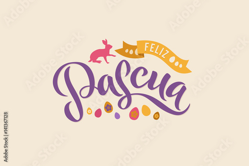 Happy Easter Spanish Calligraphy Greeting Card. Modern Brush Lettering. Joyful Wishes  Holiday Greetings. Pastel Background