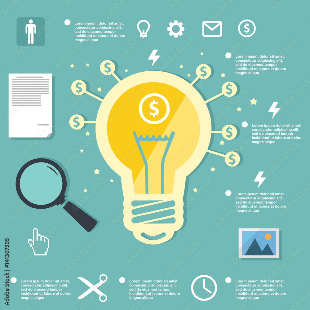 light infographic on flat design, business idea, burning lamp light infographic on flat design, business idea, burning lamp