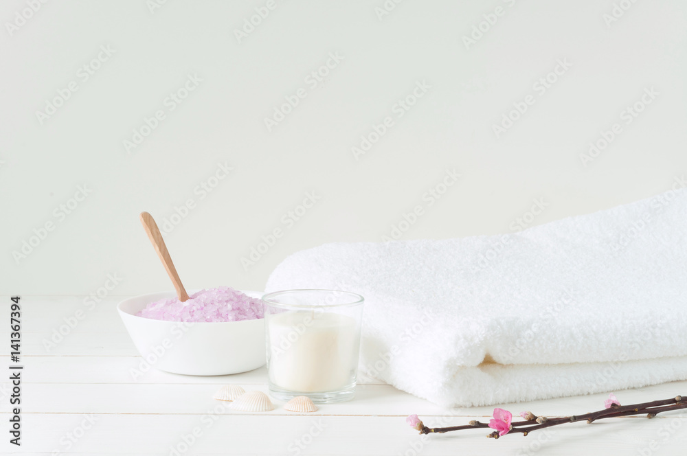 Welness products on light wooden background