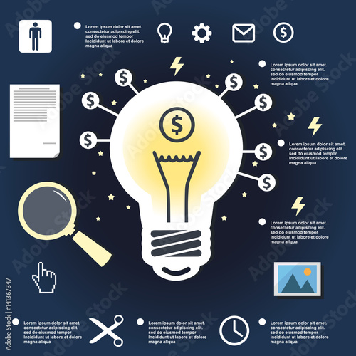 light infographic on flat design, business idea, burning lamp photo