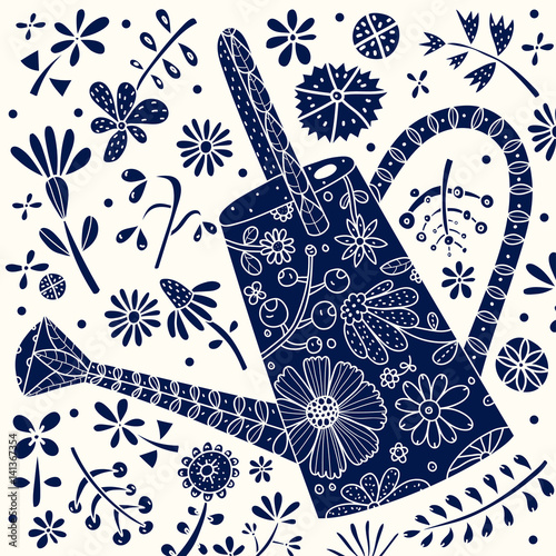 Watering can and flowers. Vector set.