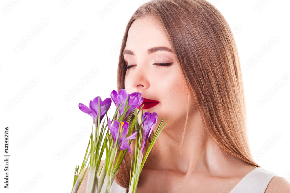 Beautiful natural model, smile, close-up portrait with flowers of crocus, isolate on white background Beautiful natural model, smile, close-up portrait with flowers of crocus, isolate on white background