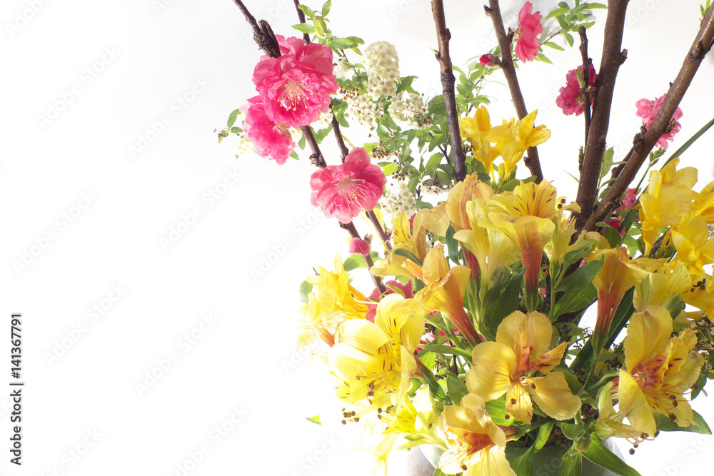 Fototapeta premium 紅梅とアルストロメリアのフラワーアレンジメント