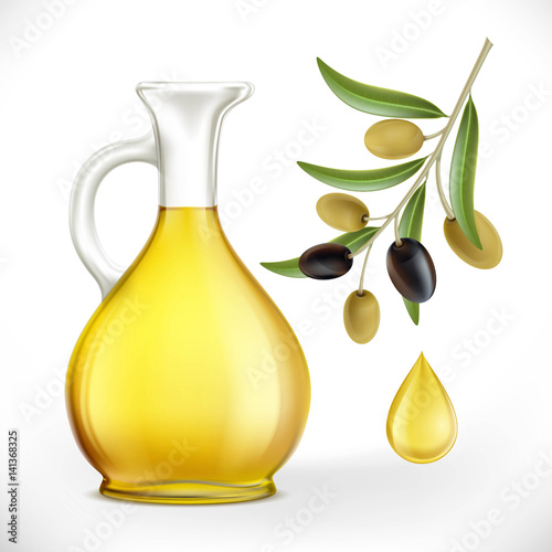 Glass jug with oil and olives with leaves on a branch.