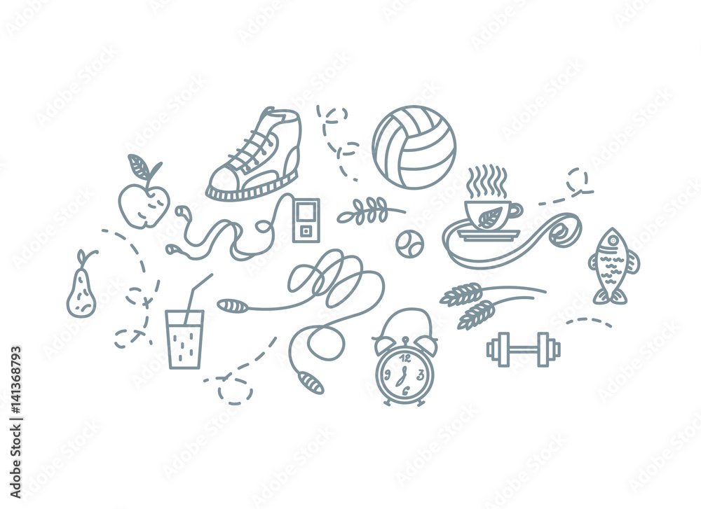 Hand drawn sport equipment icons vector illustration.