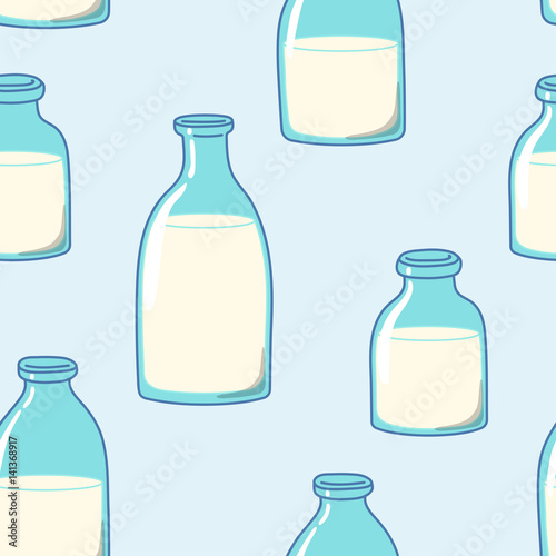 Seamless pattern with bottles of milk or yogurt. Hand-drawn style.