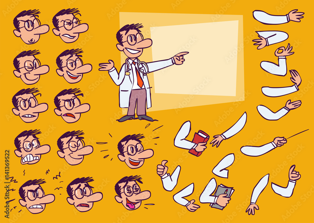 Caucasian male doctor. Elements of face and body, body part design for work and animation design. Vector illustration to Isolated and funny cartoon character. Caucasian male doctor. Elements of face and body, body part design for work and animation design. Vector illustration to Isolated and funny cartoon character.