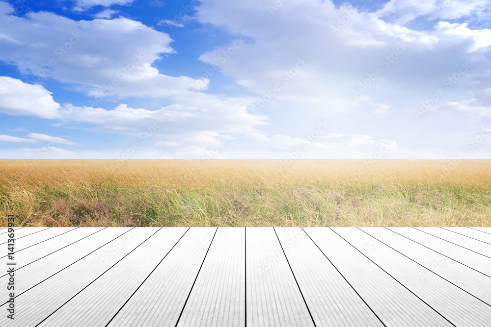Wood table top with grass natural and blue skies background. concept party,display, county, products,natural,farm,organic. Wood table top with grass natural and blue skies background. concept party,display, county, products,natural,farm,organic.