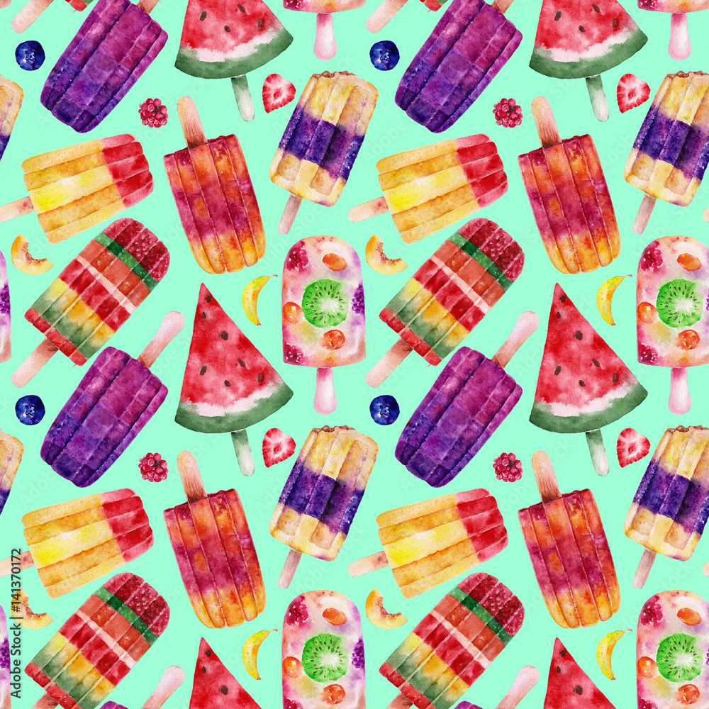 Seamless pattern with ice cream. Watercolor illustration.

