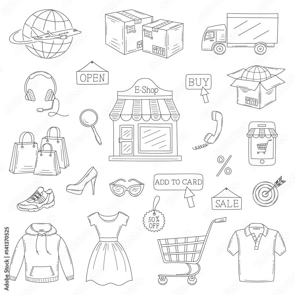 Vector set of hand drawn online shopping icons Vector set of hand drawn online shopping icons