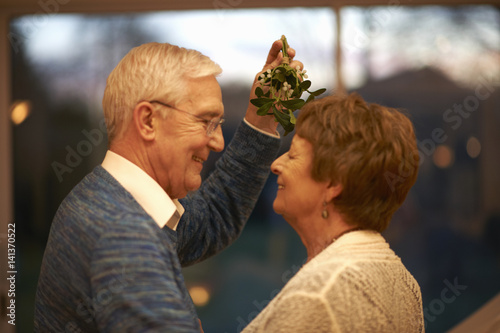 Romantic senior couple holding mistletoe photo