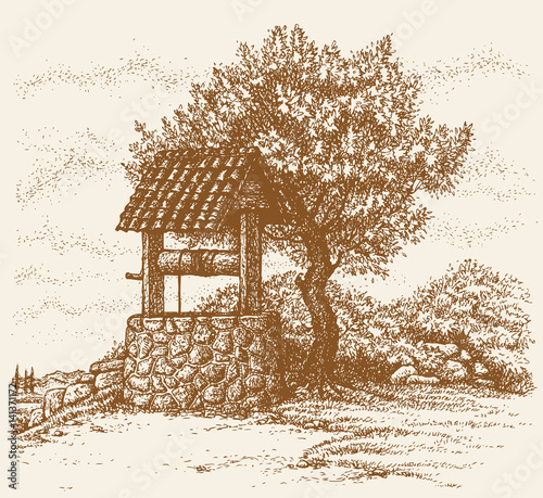 Vector image. Flowering tree near the well