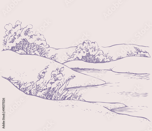  Vector sketch. Winter forest landscape with frozen river