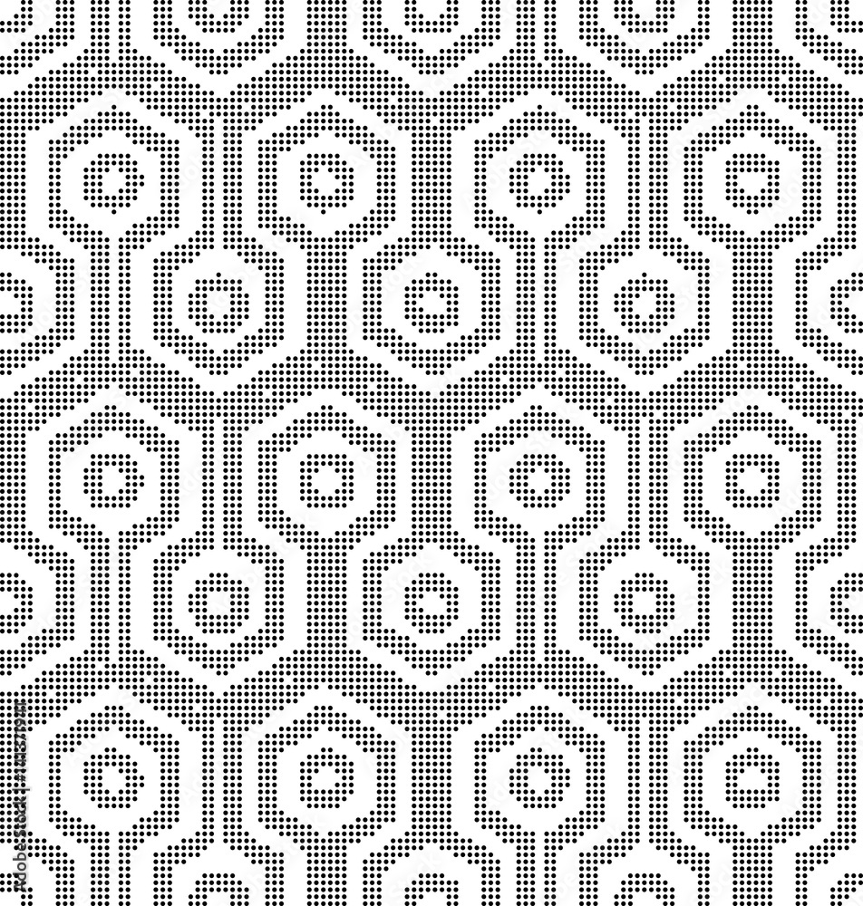 Halftone round black seamless background cross hexagon round