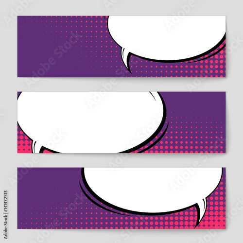Abstract creative concept vector comic pop art style blank, layout template with clouds beams and isolated dots background. For sale banner, empty speech bubble set, illustration halftone book design.