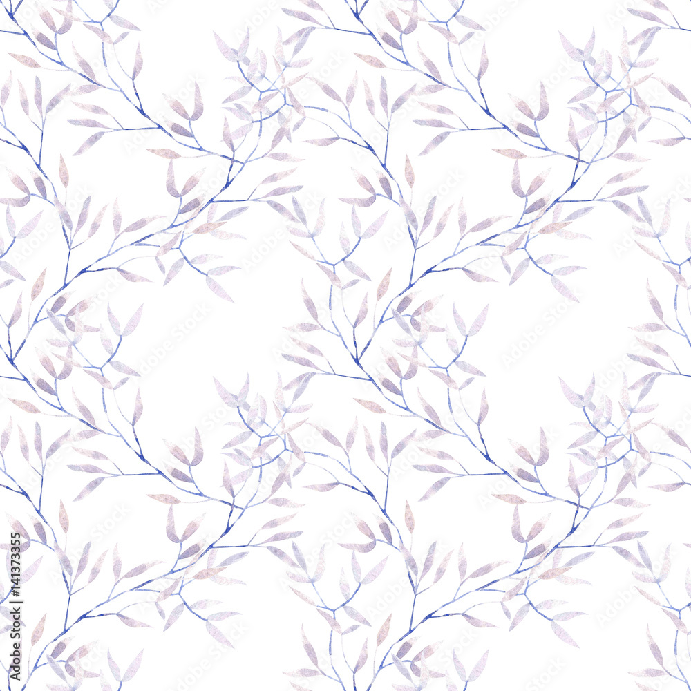 Fototapeta Seamless floral pattern with watercolor purple tree branches, hand drawn on a white background