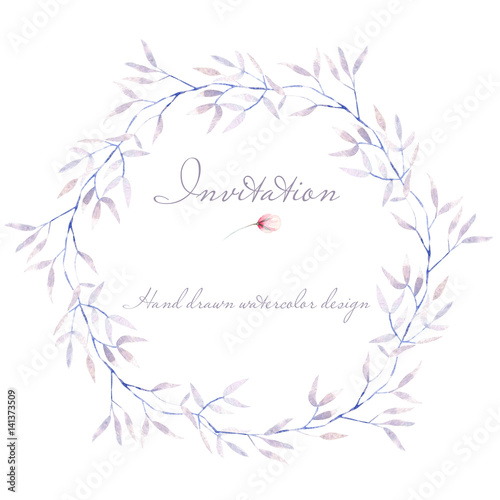 Circle frame, border, wreath with watercolor tender purple tree branches, hand drawn on a white background, for invitation, card decoration and other works
