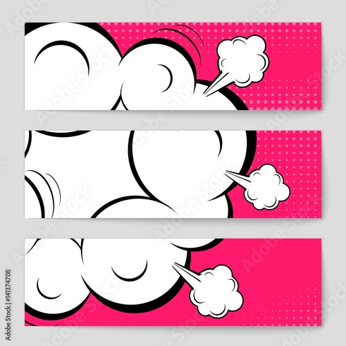 Abstract creative concept vector comic pop art style blank, layout template with clouds beams and isolated dots background. For sale banner, empty speech bubble set, illustration halftone book design.