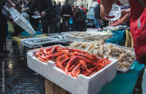 Photography fresh raw seafoods on counter fish market