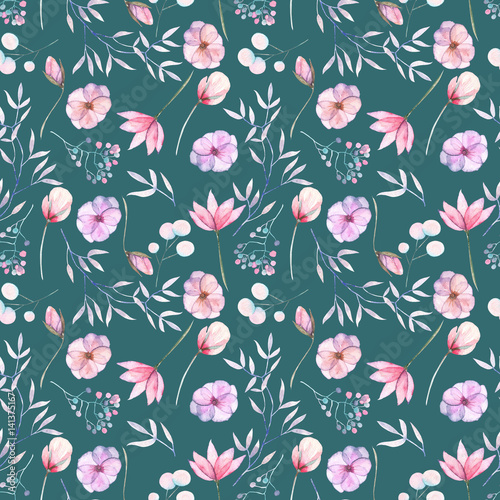 Seamless floral pattern with the watercolor pink and purple flowers and leaves  hand  painted isolated on a dark green background