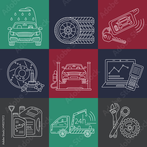 Vector thin line pictogram symbols of car service .