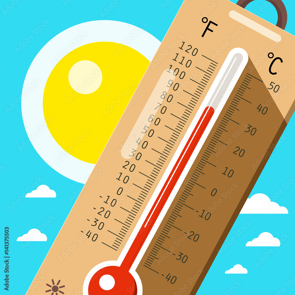 Thermometer with Sky and Sun. Hot Weather in Summer. Vector Cartoon. Stock  Vector