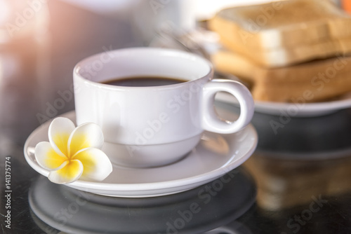 breakfast, black coffee in white cup and Toast