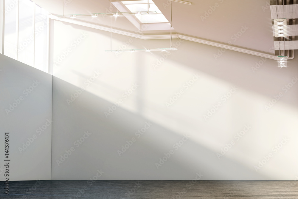 Fototapeta premium Blank white large wall mockup in sunny modern gallery, 3d rendering. Clear big loft mock up in museum with contemporary art exhibition. Huge hall interior with plain surface for exposition template.