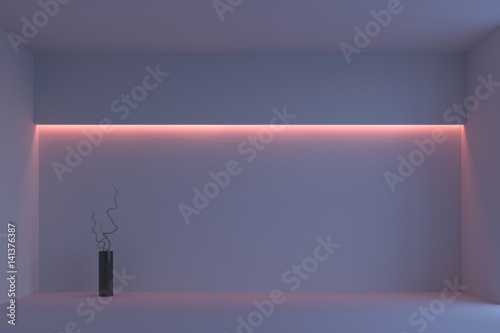 Empty white minimalist room with pink backlight. 3d rendering
