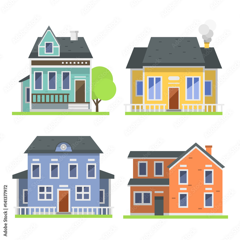 Cute colorful flat style house village symbol real estate cottage and home design residential colorful building construction vector illustration.