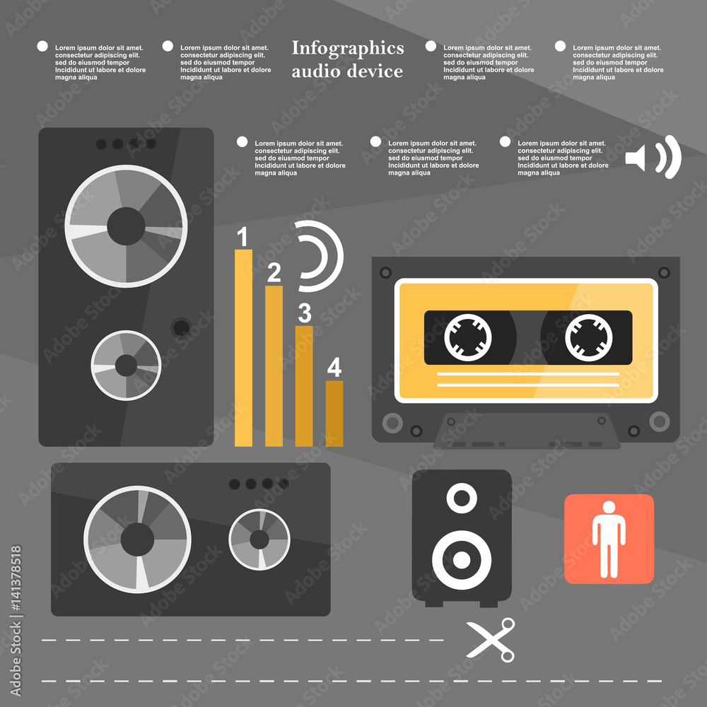 Obraz premium Retro infographic audio device, music cassette, music speakers, the elements in a flat design