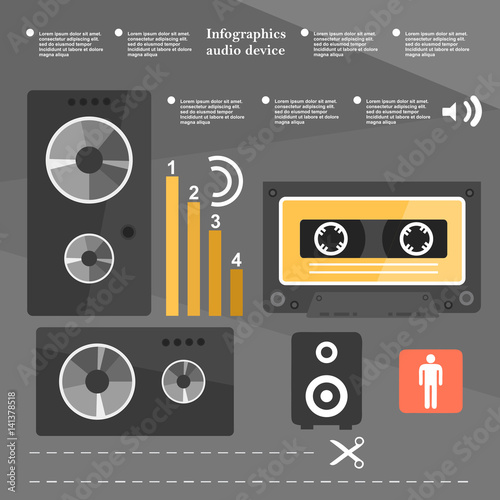 Retro infographic audio device, music cassette, music speakers, the elements in a flat design