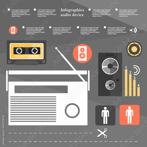 Retro infographic audio device, music cassette, music speakers, the elements in a flat design