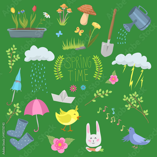 Spring natural floral symbols with blossom gardening tools beauty design and nature grass season branch springtime hand drawn elements vector illustration.