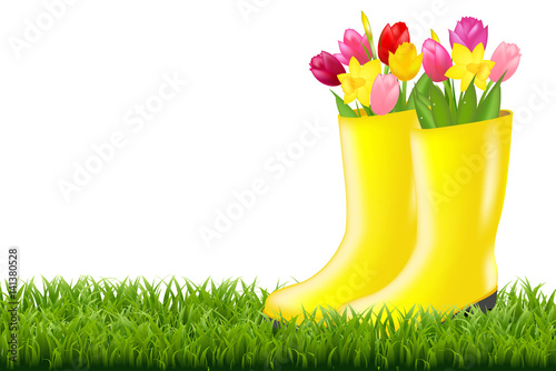 Gumboot With Green Grass And Tulips