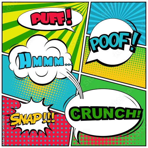 Abstract creative concept vector comic pop art style blank, layout template with clouds beams and isolated dots background. For sale banner, empty speech bubble set, illustration halftone book design.