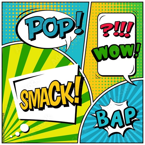 Abstract creative concept vector comic pop art style blank, layout template with clouds beams and isolated dots background. For sale banner, empty speech bubble set, illustration halftone book design.