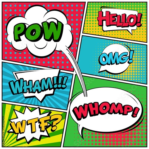 Abstract creative concept vector comic pop art style blank, layout template with clouds beams and isolated dots background. For sale banner, empty speech bubble set, illustration halftone book design.