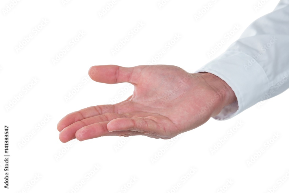Hand of man gesturing against white background