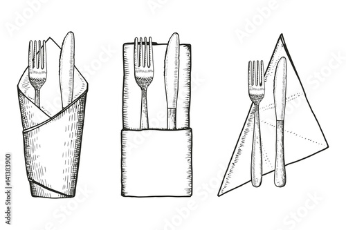 Fork and knife on napkin vector sketch set