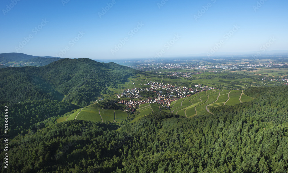 View from the Yburg to the Rhine valley in the middle the village Varnhalt_Baden-Baden_Germany