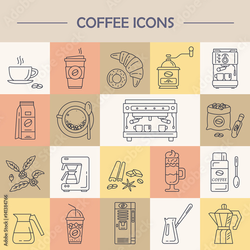 Vector line icons of coffeemaking equipment. Coffee set.