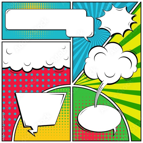 Abstract creative concept vector comic pop art style blank, layout template with clouds beams and isolated dots background. For sale banner, empty speech bubble set, illustration halftone book design.