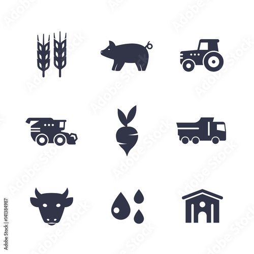 Agriculture, farming icons isolated on white, harvest, cattle, barn, agrimotor, storehouse, grain combine harvester