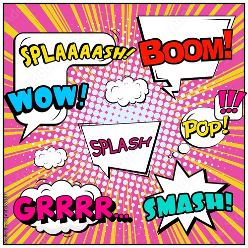 Abstract creative concept vector comic pop art style blank, layout template with clouds beams and isolated dots background. For sale banner, empty speech bubble set, illustration halftone book design.