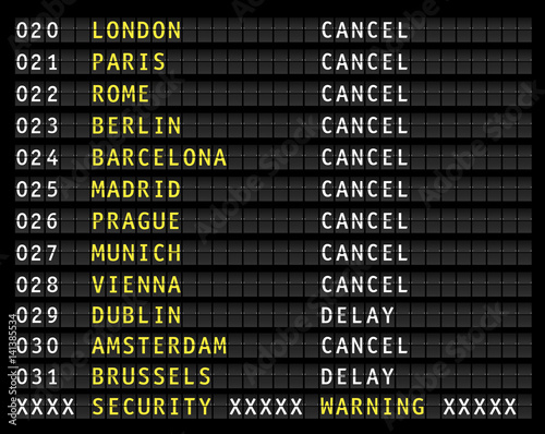 security warning on airport information display, canceled flights, vector